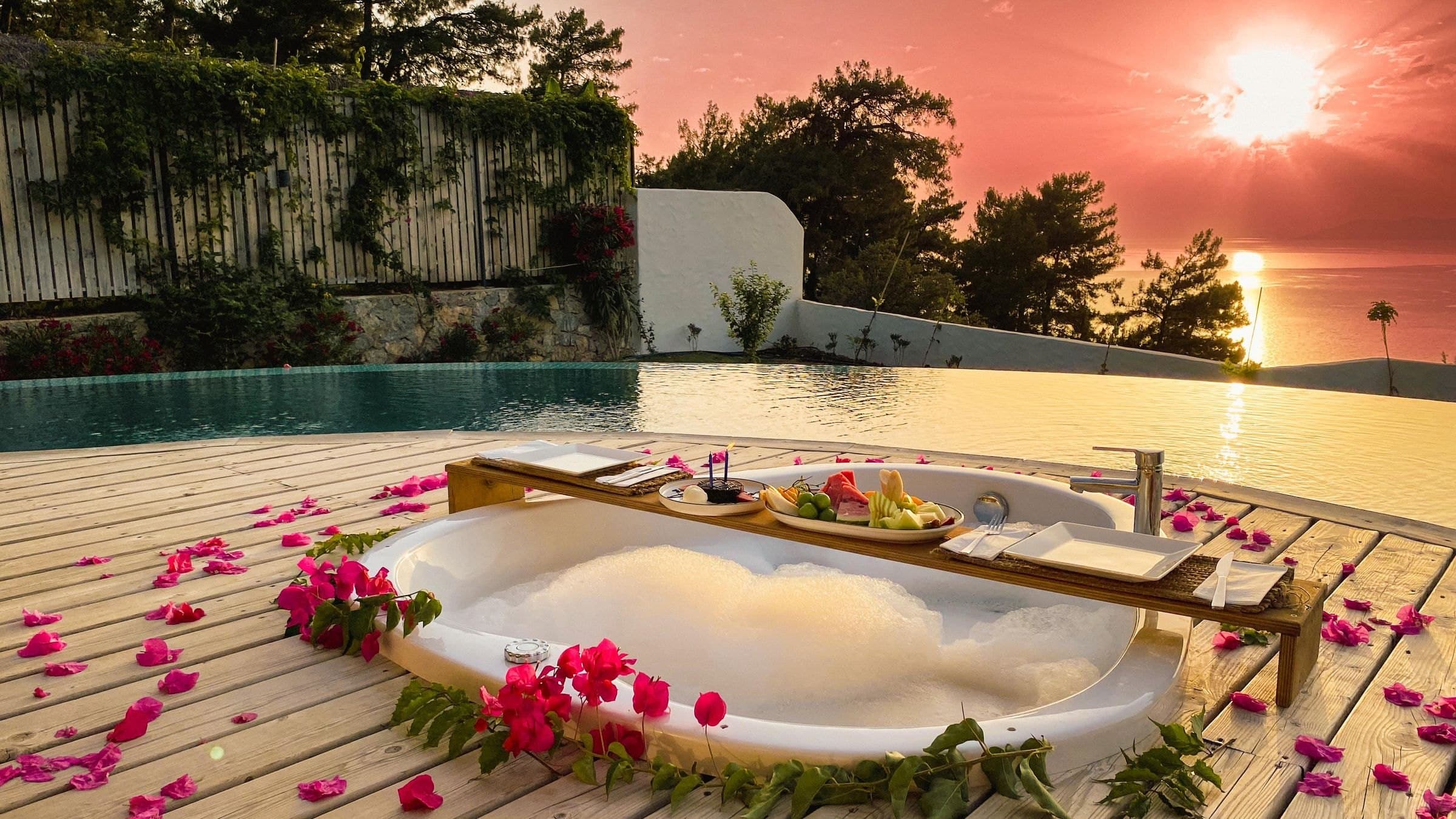 Ein Obsttablett im Whirlpool mit Rosenblättern, Infinity-Pool und Sonnenuntergang.